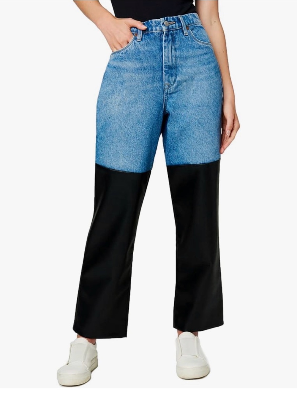 Blank NYC Two-Tone Blue Denim and Faux Leather Wide Leg Jeans | Size 27 - Picture 2 of 15